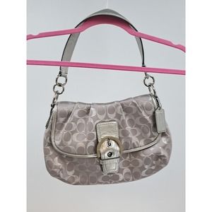 Coach Signature Soho Jacquard Buckle Flap Shoulder Bag Purse Metallic Silver
